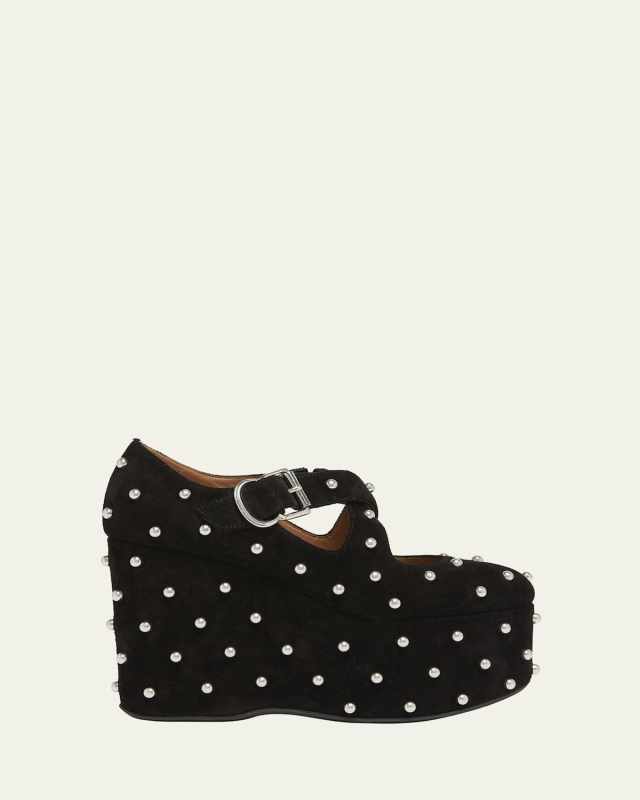 Crisscross Pearly-Stud Wedge Platforms